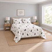 Minimal Ink Silhouettes Black Cat Quilt Set, angled black cat bedroom view