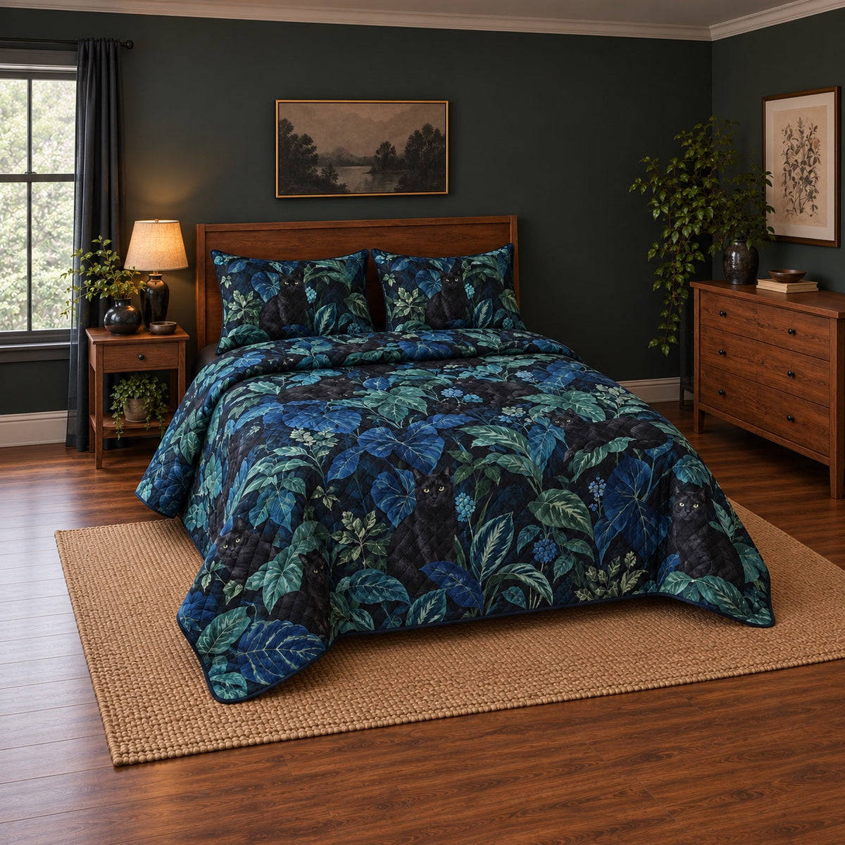 Midnight Botanicals Black Cat Quilt Set, angled black cat bedroom view