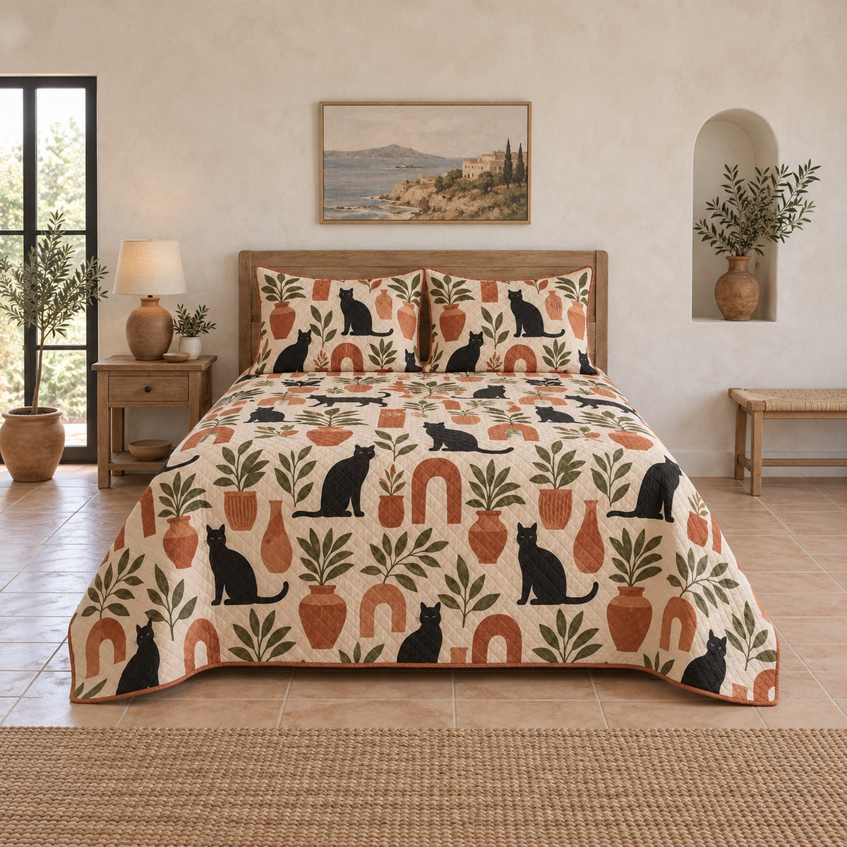 Terracotta Courtyard Black Cat Quilt Set, front black cat bedroom view
