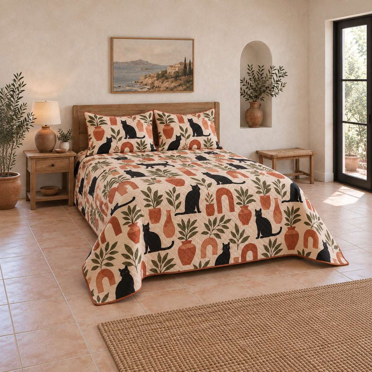 Terracotta Courtyard Black Cat Quilt Set, angled black cat bedroom view