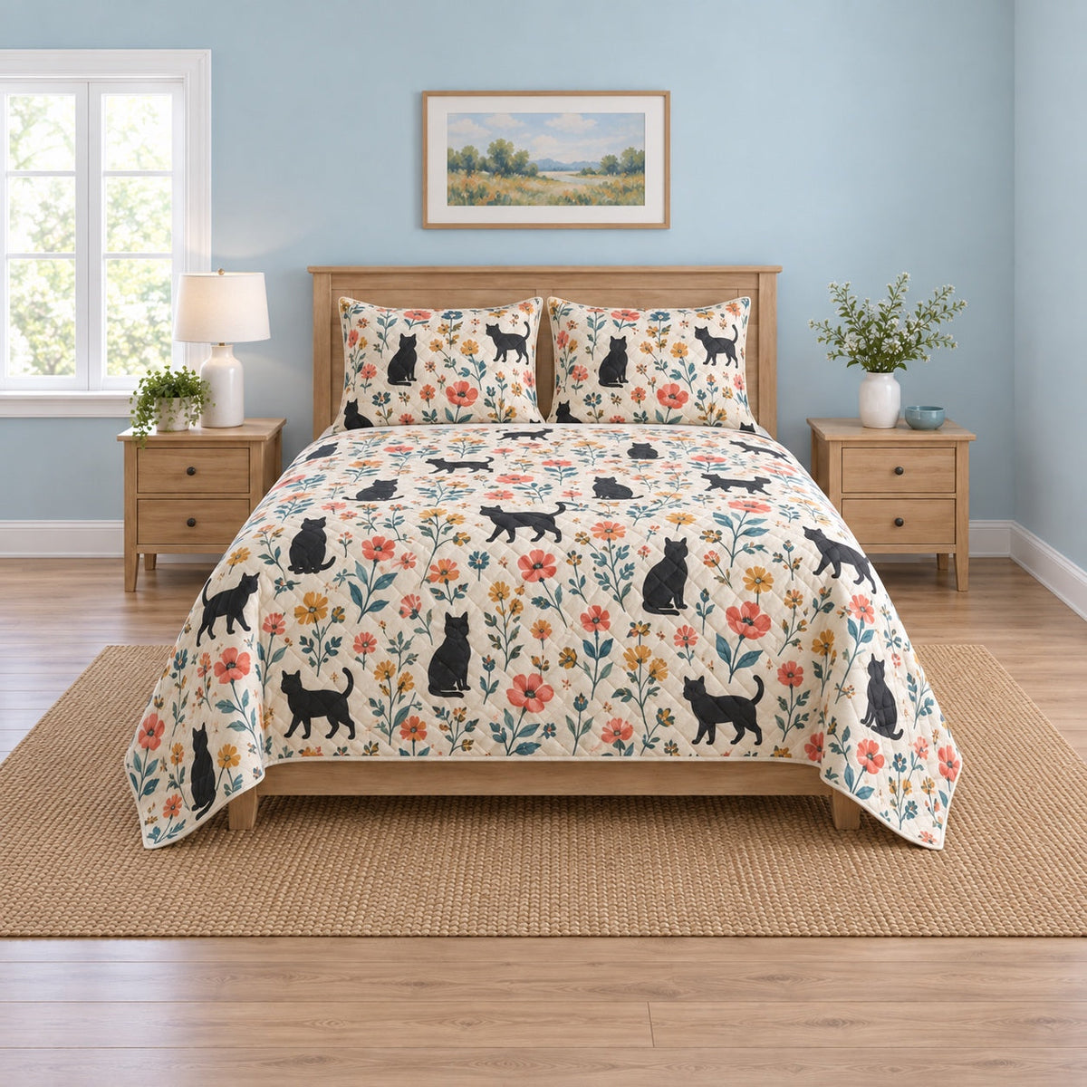 Folk Meadow Black Cat Quilt Set, front black cat bedroom view