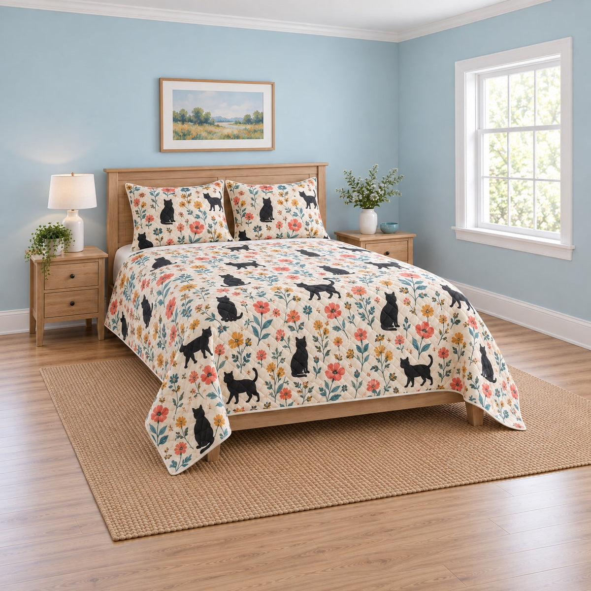 Folk Meadow Black Cat Quilt Set, angled black cat bedroom view