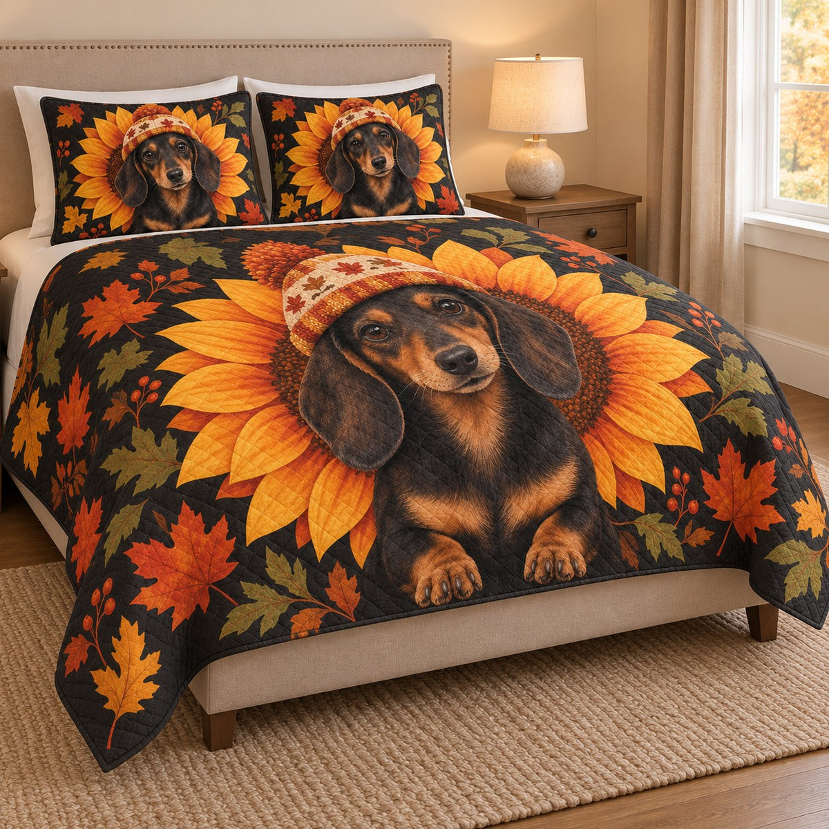 Autumn Dachshund Sunflower Quilt Set: angled bedroom view showing the quilt artwork and coordinating shams