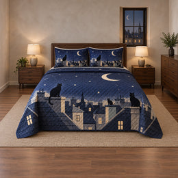Moonlit Rooftops Black Cat Quilt Set