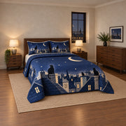 Moonlit Rooftops Black Cat Quilt Set, angled black cat bedroom view