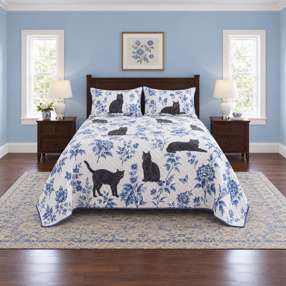 Blue Willow Sketch Black Cat Quilt Set