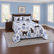 Blue Willow Sketch Black Cat Quilt Set, angled black cat bedroom view