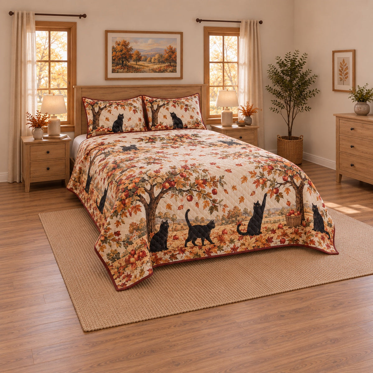 Autumn Orchard Black Cat Quilt Set, angled black cat bedroom view