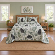 Watercolor Fern Black Cat Quilt Set, front black cat bedroom view