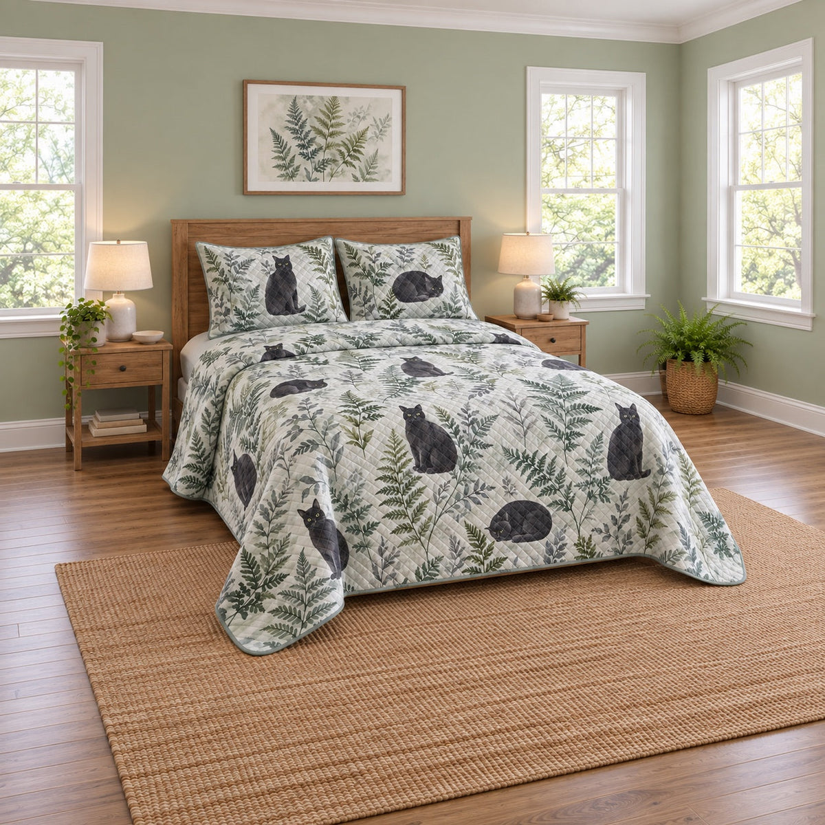 Watercolor Fern Black Cat Quilt Set, angled black cat bedroom view