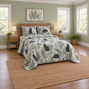 Watercolor Fern Black Cat Quilt Set, angled black cat bedroom view