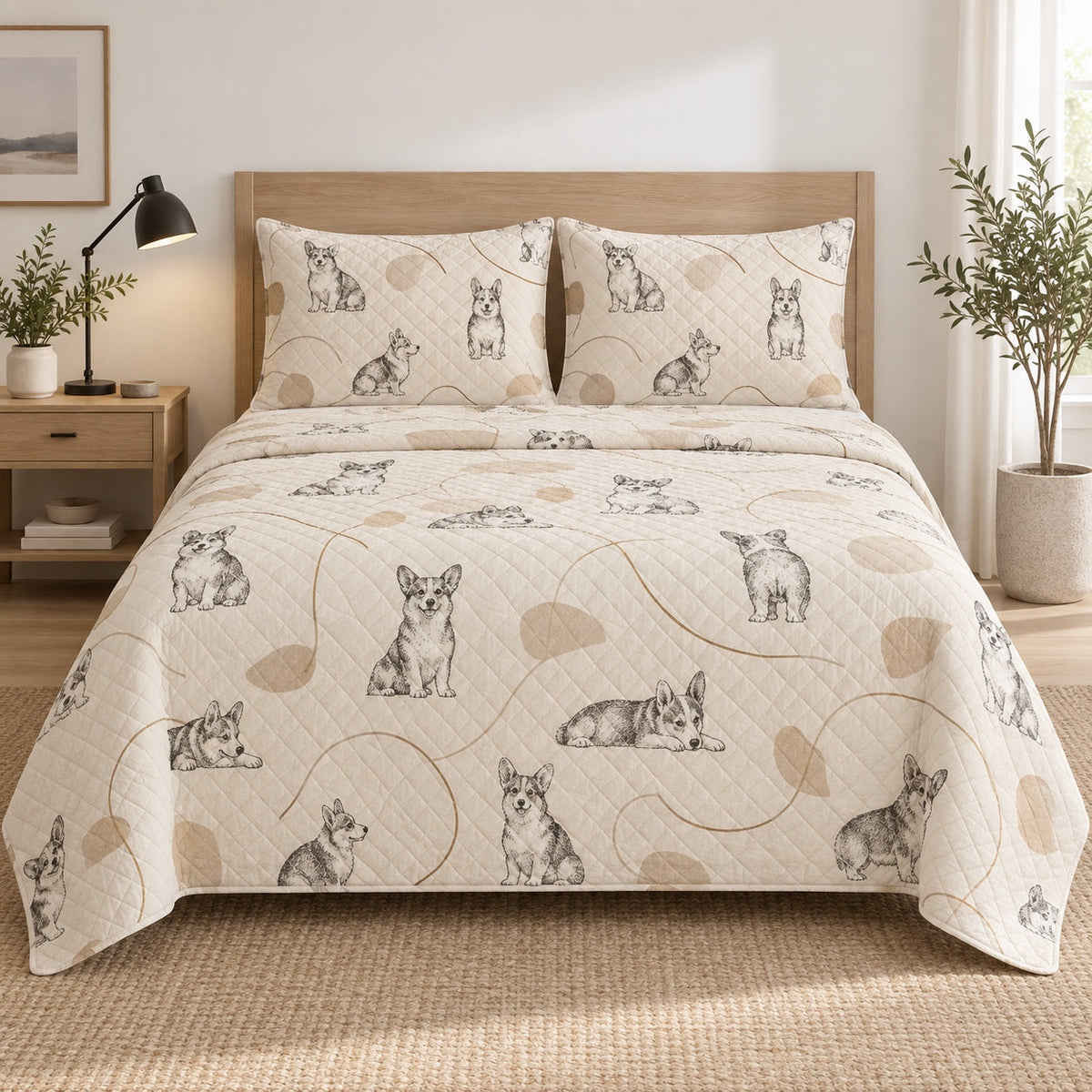Minimal Corgi Line Quilt Set, front corgi bedroom view