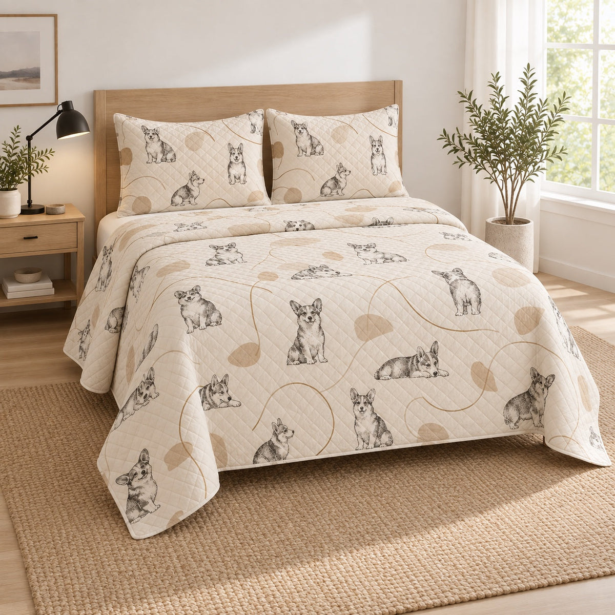 Minimal Corgi Line Quilt Set, angled corgi bedroom view