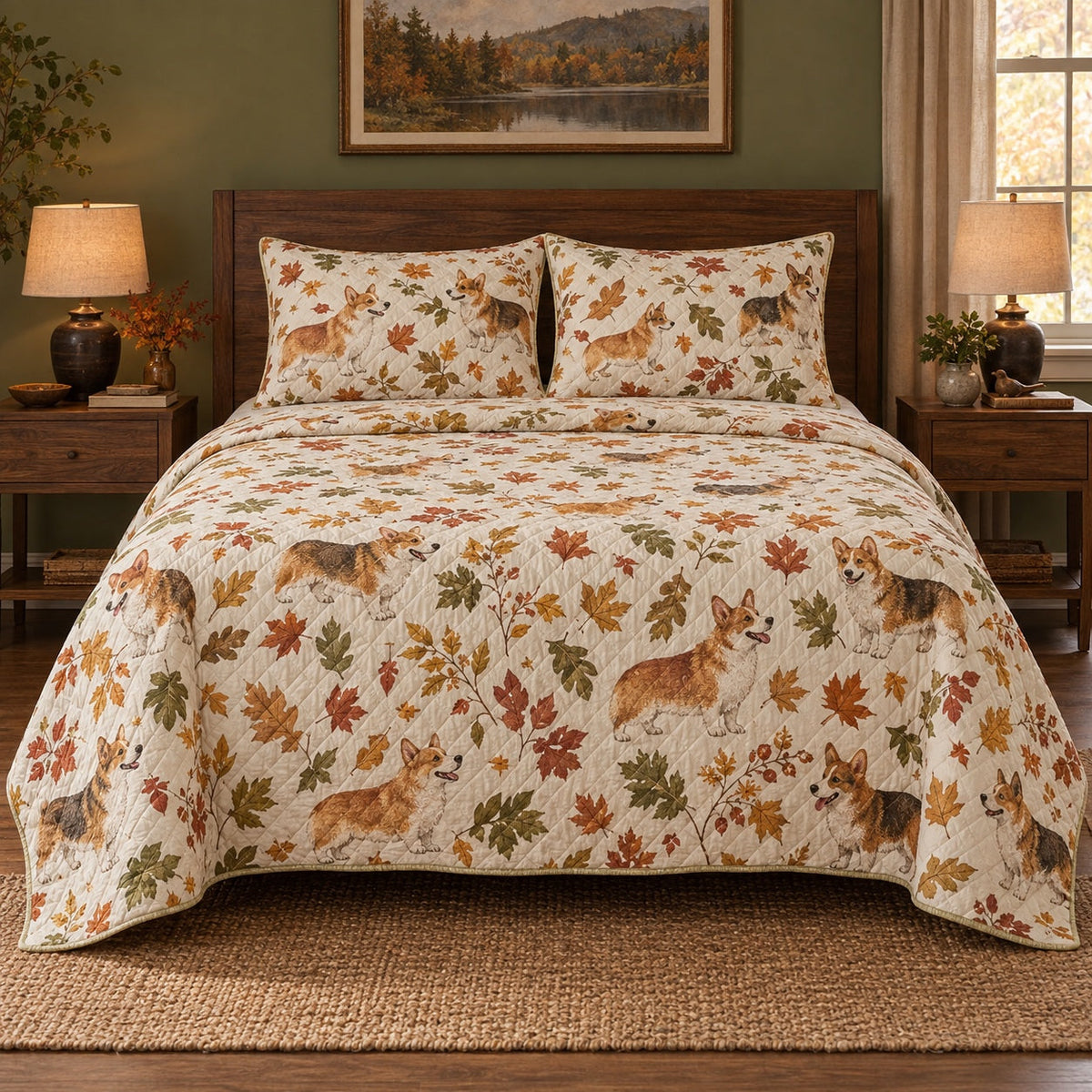 Autumn Park Corgi Quilt Set, front corgi bedroom view