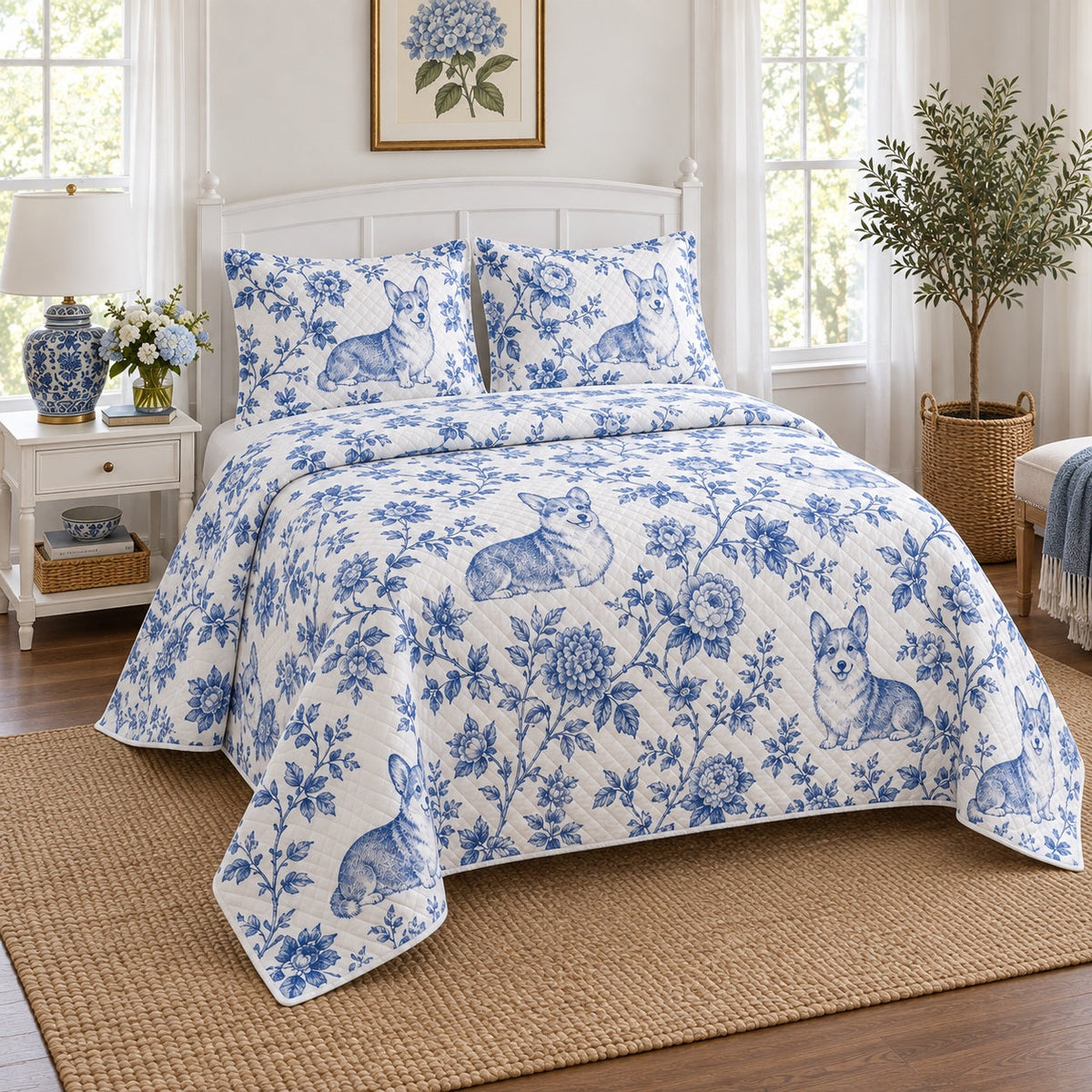 Blue Garden Toile Corgi Quilt Set, angled corgi bedroom view