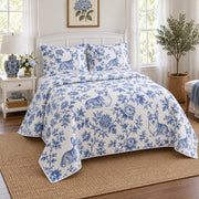 Blue Garden Toile Corgi Quilt Set, angled corgi bedroom view