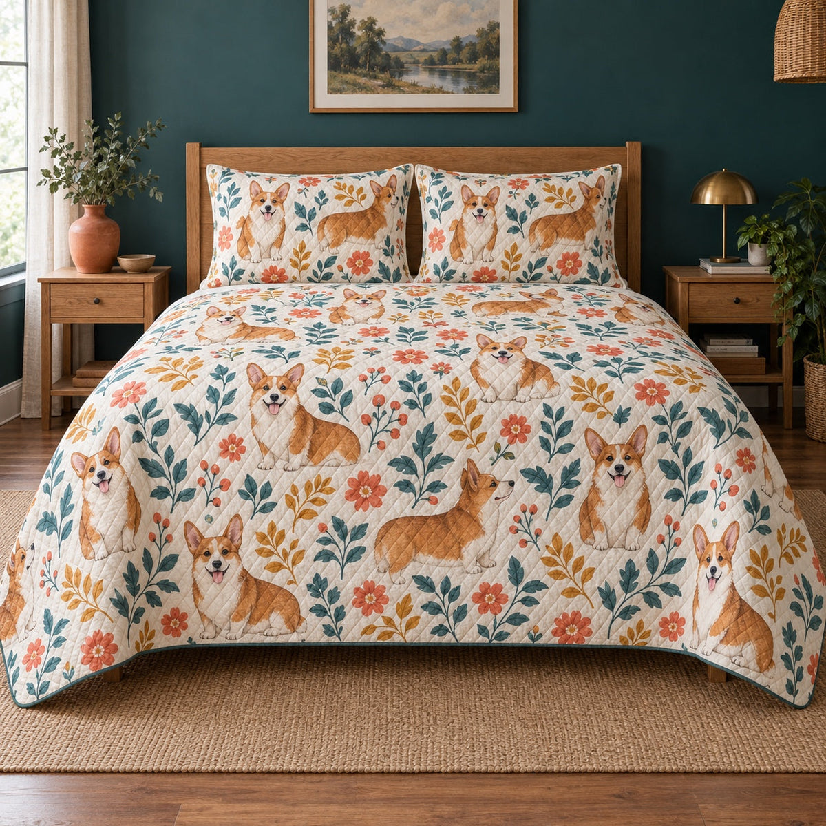 Folk Floral Corgi Quilt Set, front corgi bedroom view