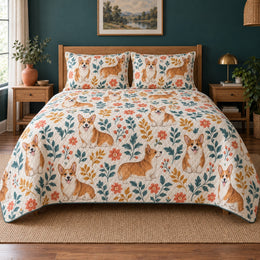 Folk Floral Corgi Quilt Set