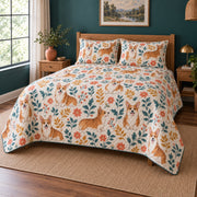 Folk Floral Corgi Quilt Set, angled corgi bedroom view