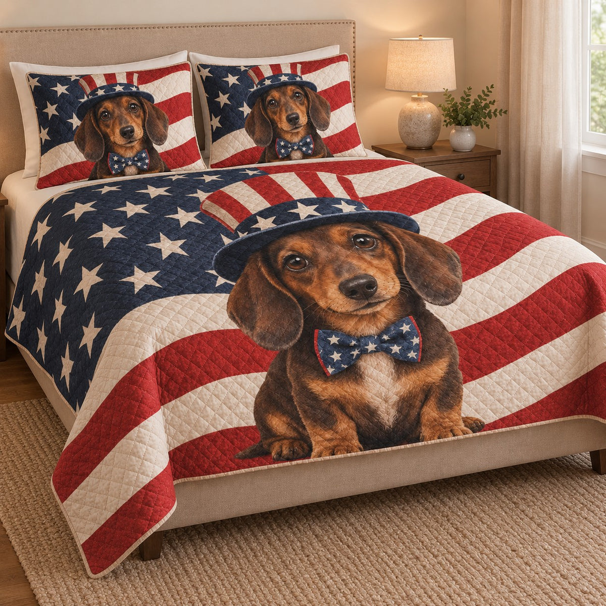 Patriotic Dachshund American Flag Quilt Set: angled bedroom view showing the quilt artwork and coordinating shams