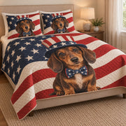 Patriotic Dachshund American Flag Quilt Set: angled bedroom view showing the quilt artwork and coordinating shams