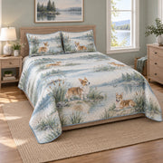 Lakeside Corgi Quilt Set, angled corgi bedroom view