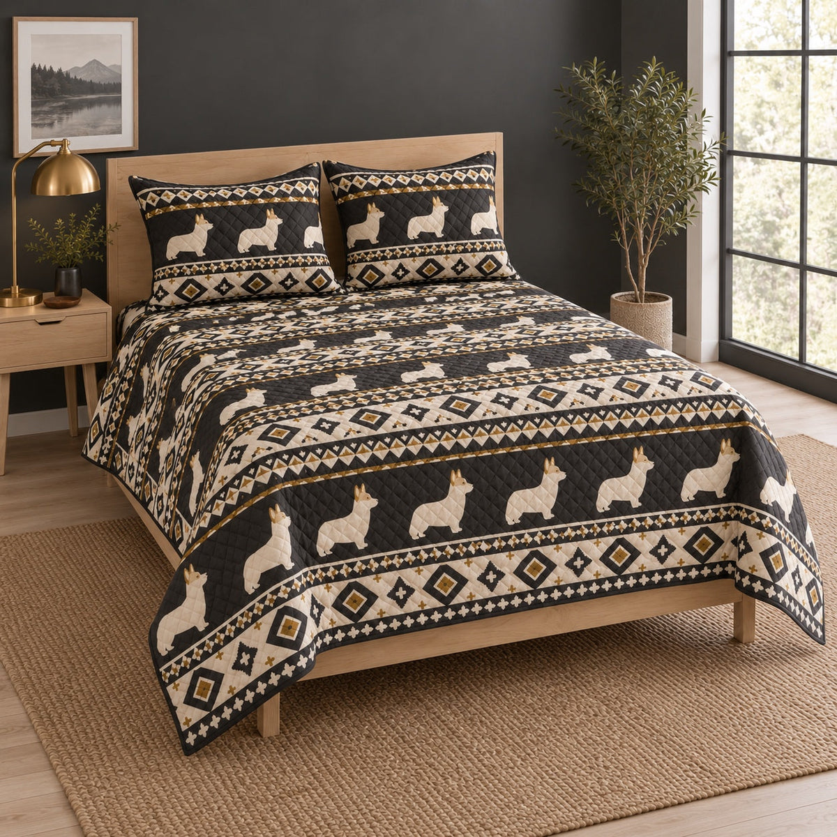 Nordic Corgi Geometry Quilt Set, angled corgi bedroom view