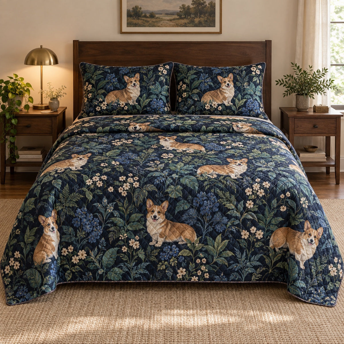 Midnight Garden Corgi Quilt Set, front corgi bedroom view