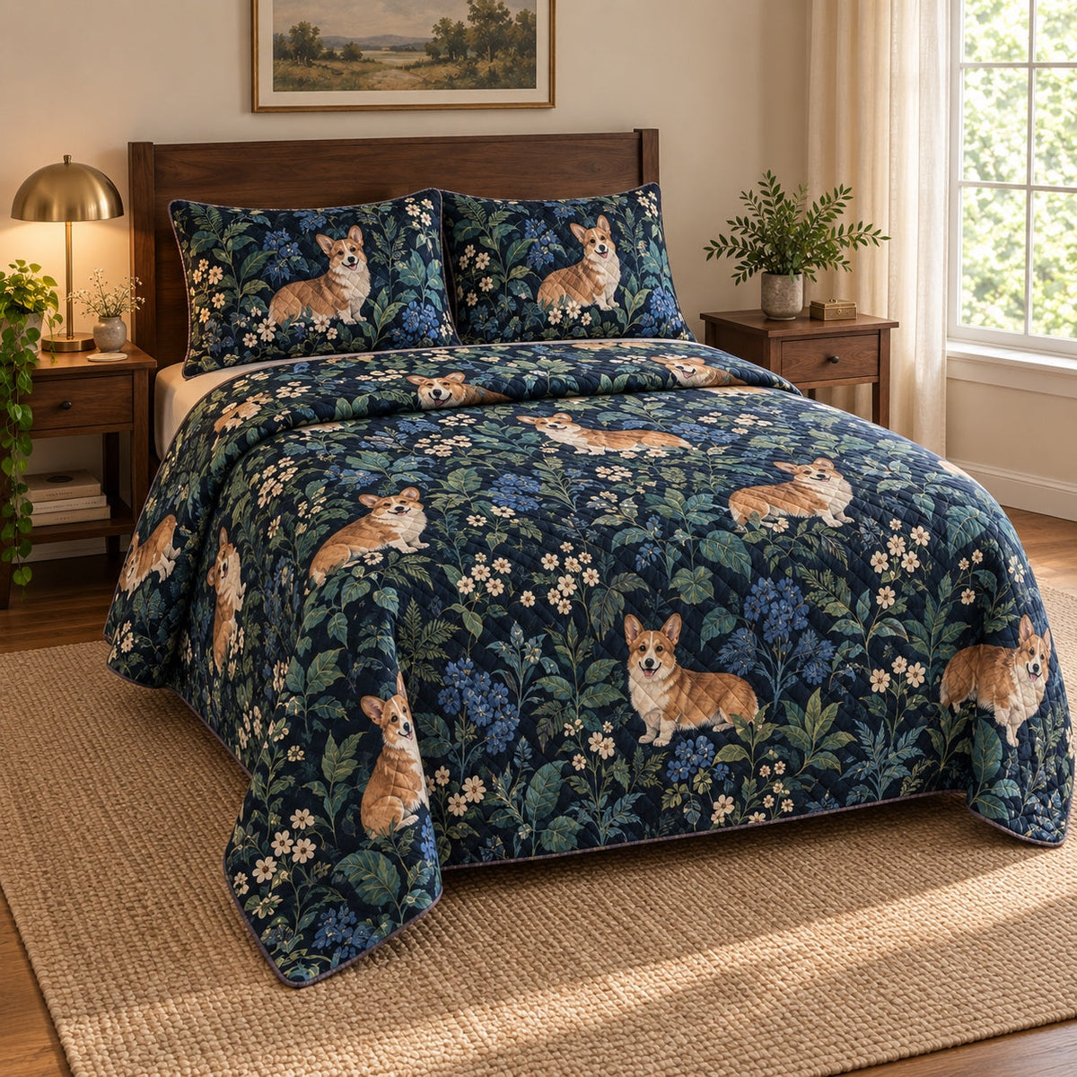 Midnight Garden Corgi Quilt Set, angled corgi bedroom view