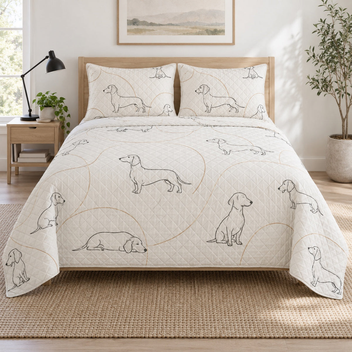 Ink Line Dachshund Quilt Set, front dachshund bedroom view