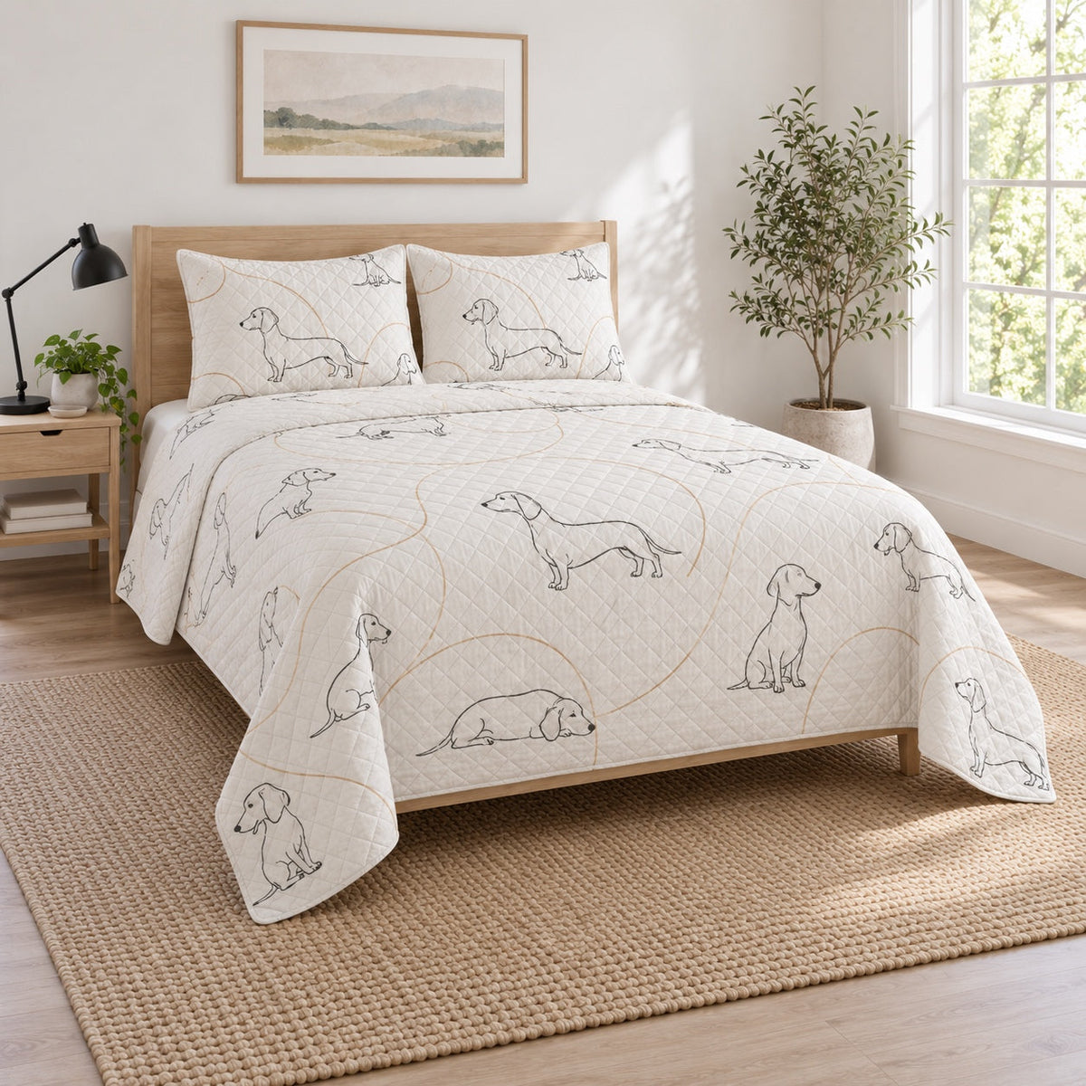Ink Line Dachshund Quilt Set, angled dachshund bedroom view