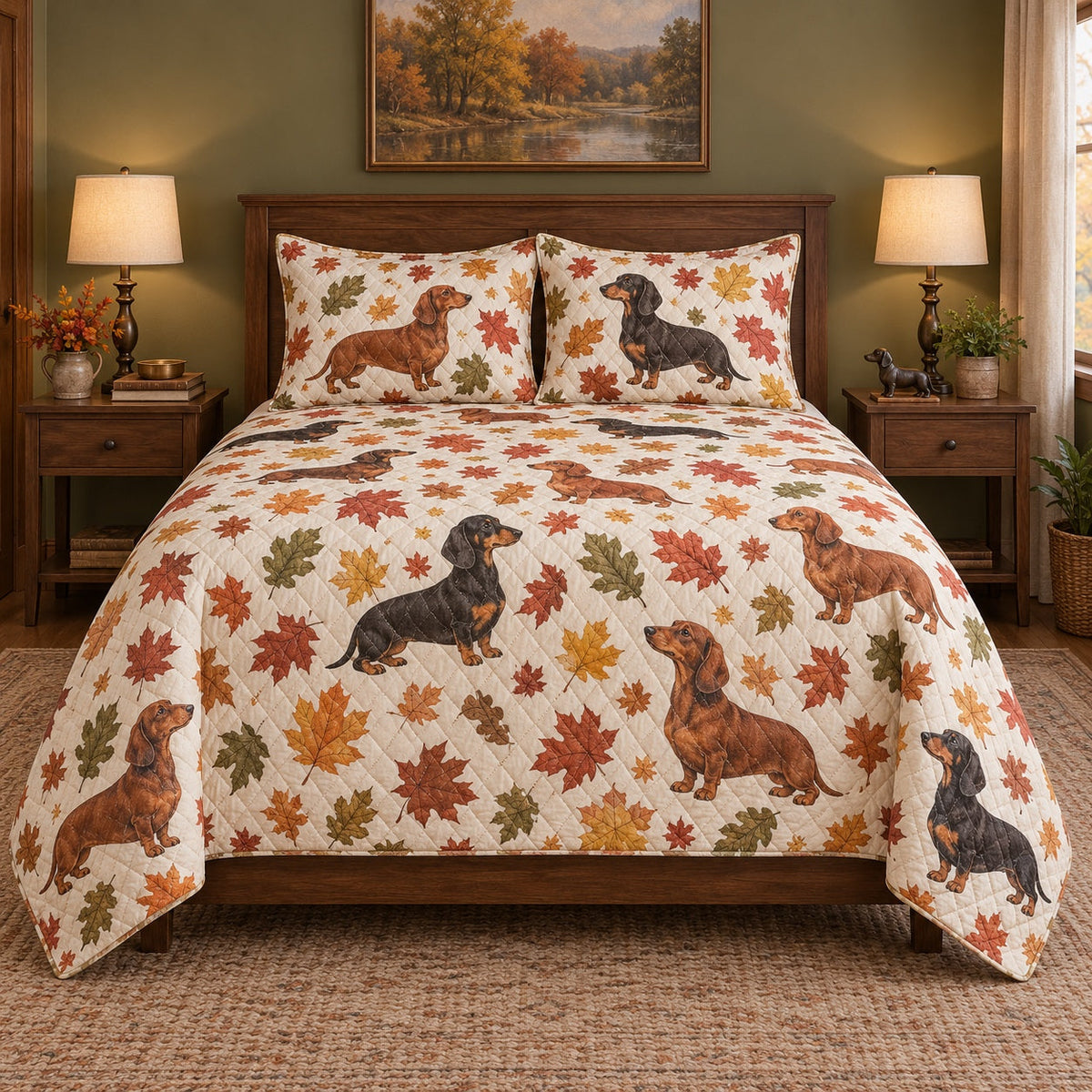 Autumn Lane Dachshund Quilt Set, front dachshund bedroom view