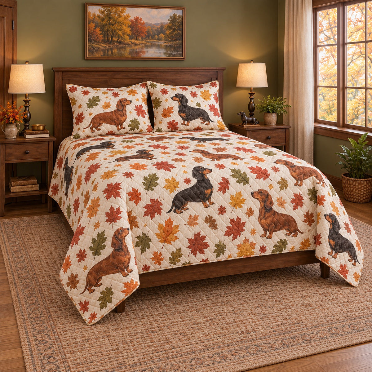 Autumn Lane Dachshund Quilt Set, angled dachshund bedroom view