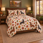 Autumn Lane Dachshund Quilt Set, angled dachshund bedroom view