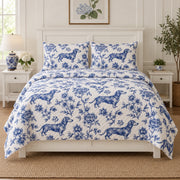 Blue Garden Dachshund Quilt Set, front dachshund bedroom view