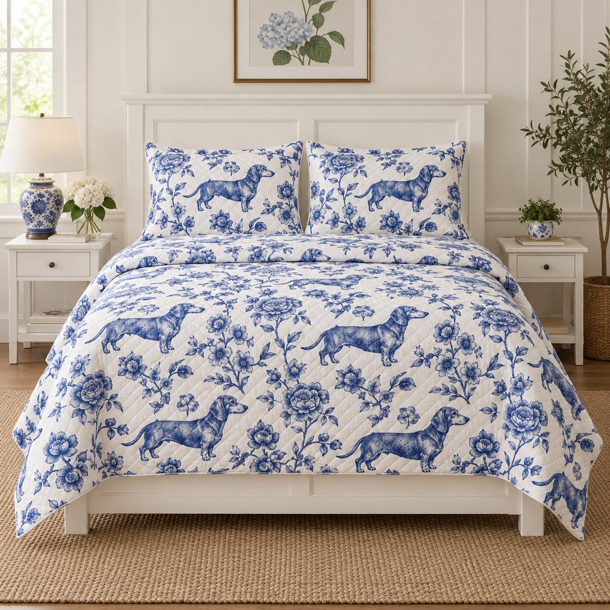 Blue Garden Dachshund Quilt Set, front dachshund bedroom view