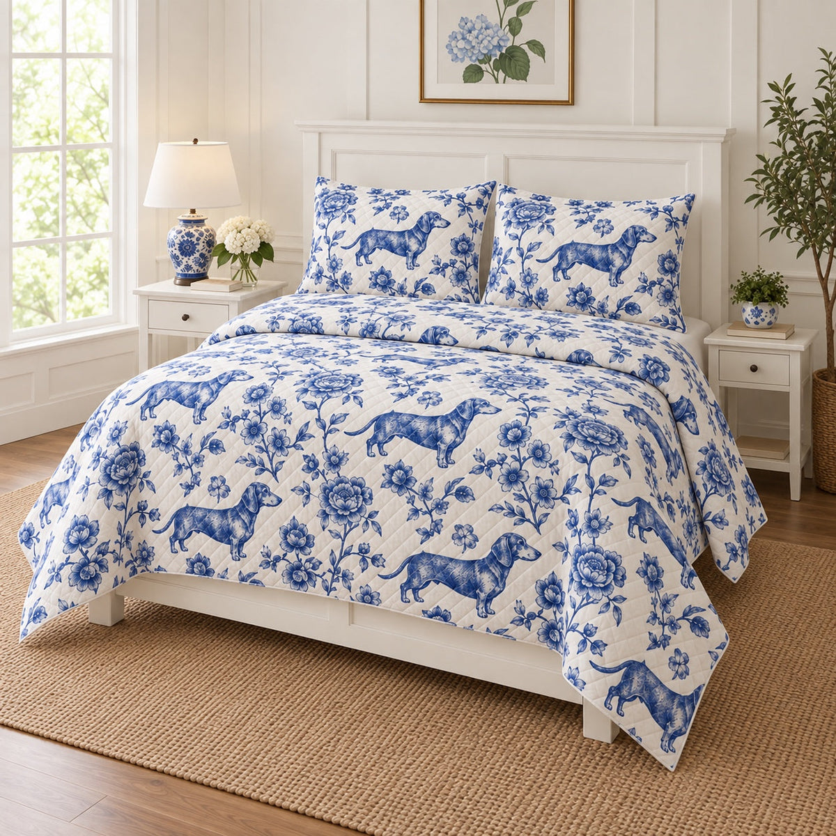 Blue Garden Dachshund Quilt Set, angled dachshund bedroom view