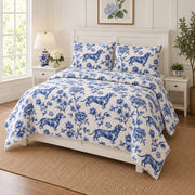 Blue Garden Dachshund Quilt Set, angled dachshund bedroom view