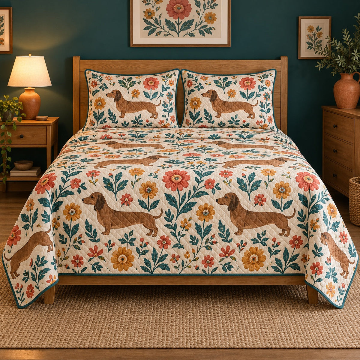 Folk Bloom Dachshund Quilt Set, front dachshund bedroom view