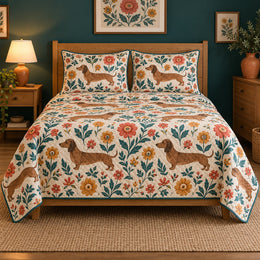 Folk Bloom Dachshund Quilt Set