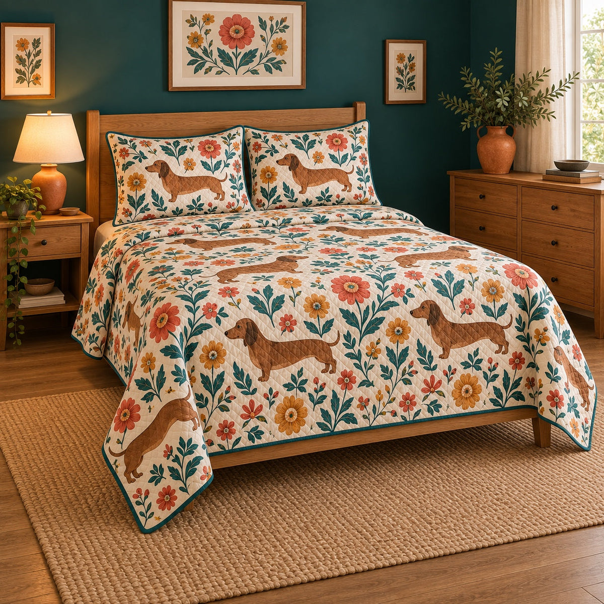 Folk Bloom Dachshund Quilt Set, angled dachshund bedroom view