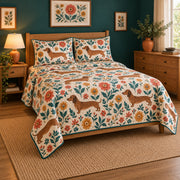 Folk Bloom Dachshund Quilt Set, angled dachshund bedroom view