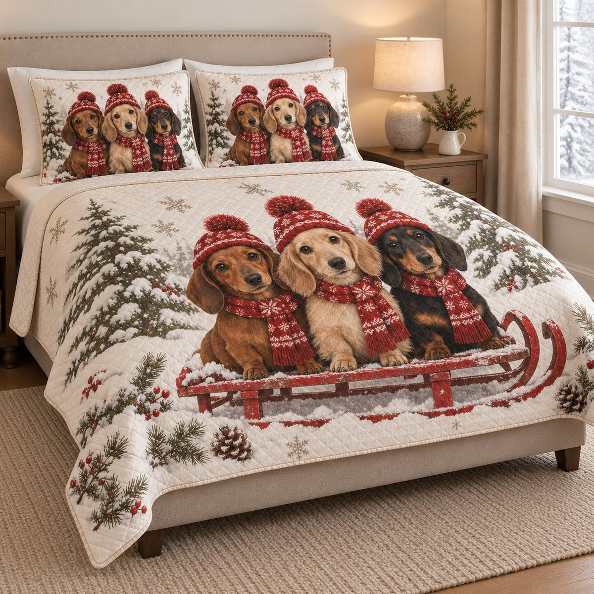 Christmas Dachshund Winter Sled Quilt Set: angled bedroom view showing the quilt artwork and coordinating shams
