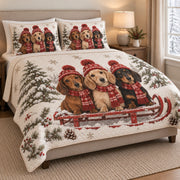 Christmas Dachshund Winter Sled Quilt Set: angled bedroom view showing the quilt artwork and coordinating shams