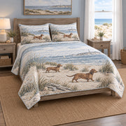 Coastal Walk Dachshund Quilt Set, angled dachshund bedroom view