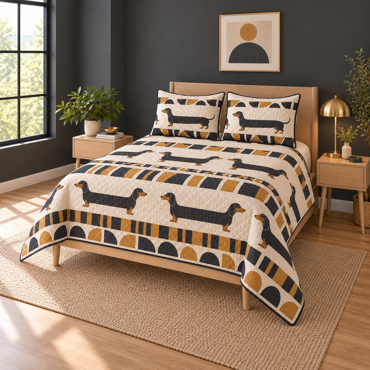 Modern Dachshund Geometry Quilt Set, angled dachshund bedroom view