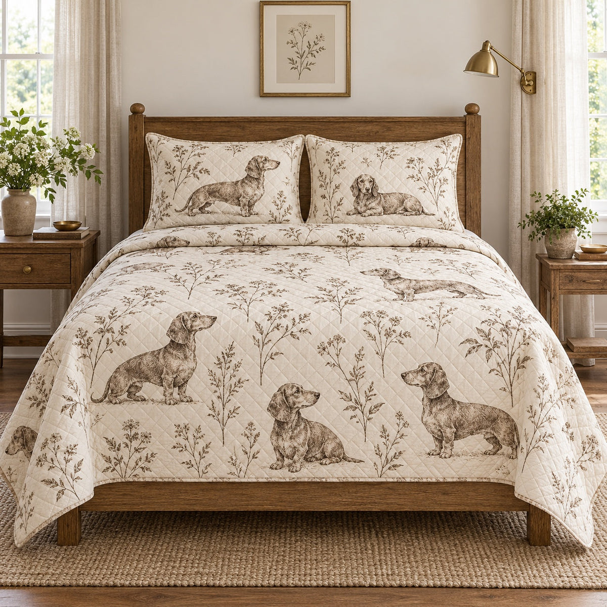 Field Study Dachshund Quilt Set, front dachshund bedroom view