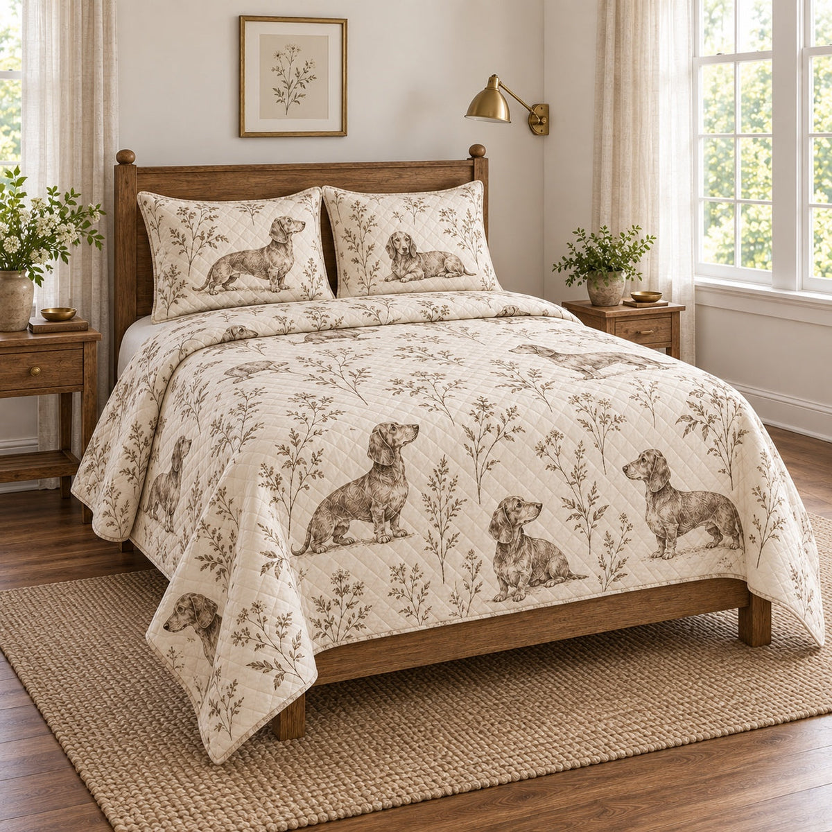 Field Study Dachshund Quilt Set, angled dachshund bedroom view