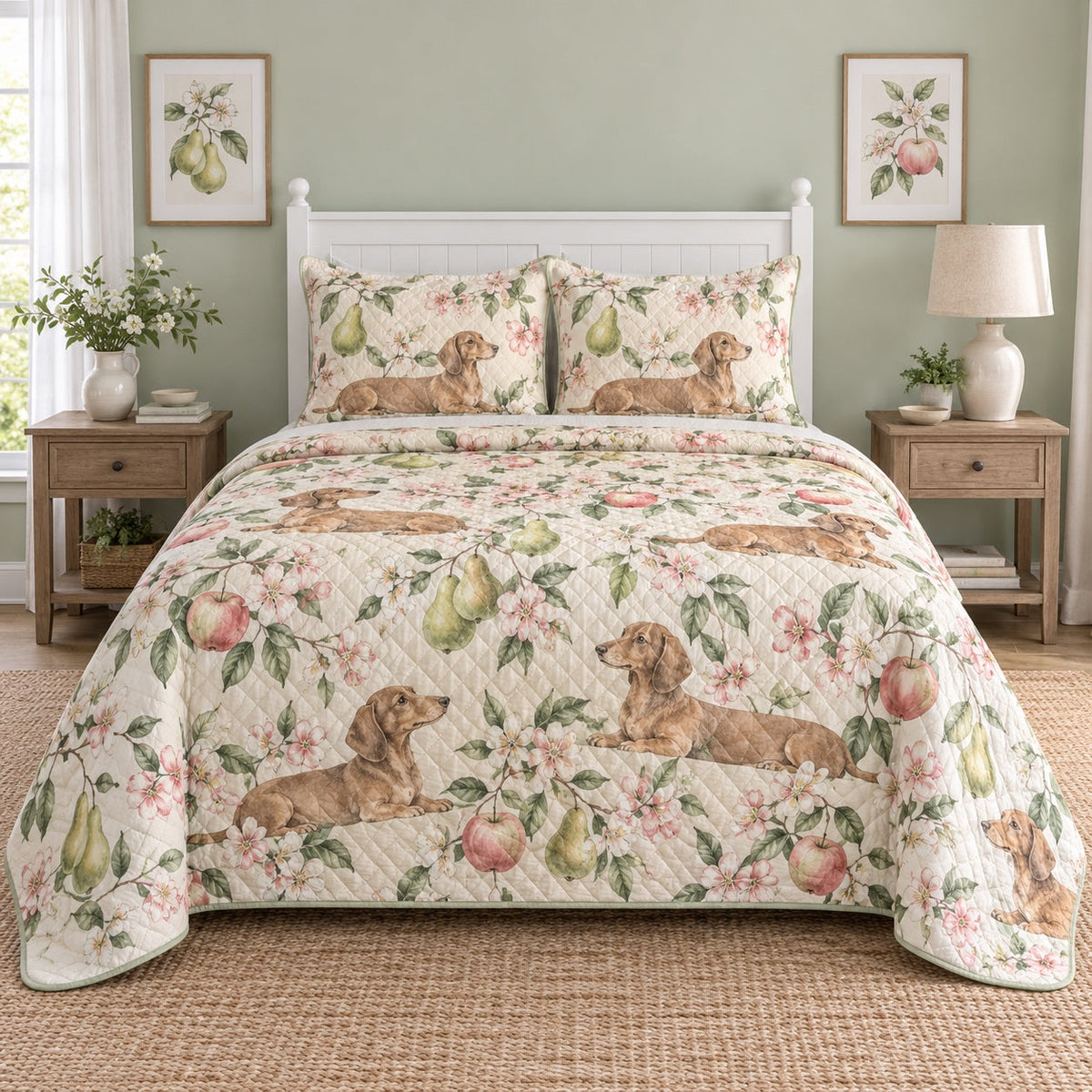 Orchard Watercolor Dachshund Quilt Set