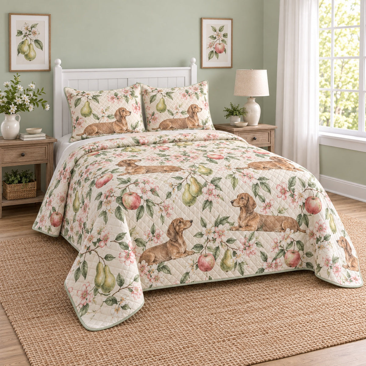 Orchard Watercolor Dachshund Quilt Set, angled dachshund bedroom view